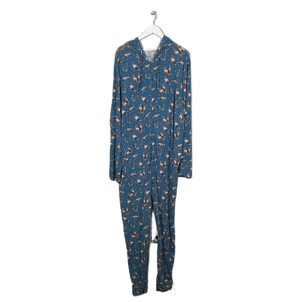 MeUndies Unisex XL/ 2XL Blue Otter Print Jumpsuit Hooded Pockets Micromodal